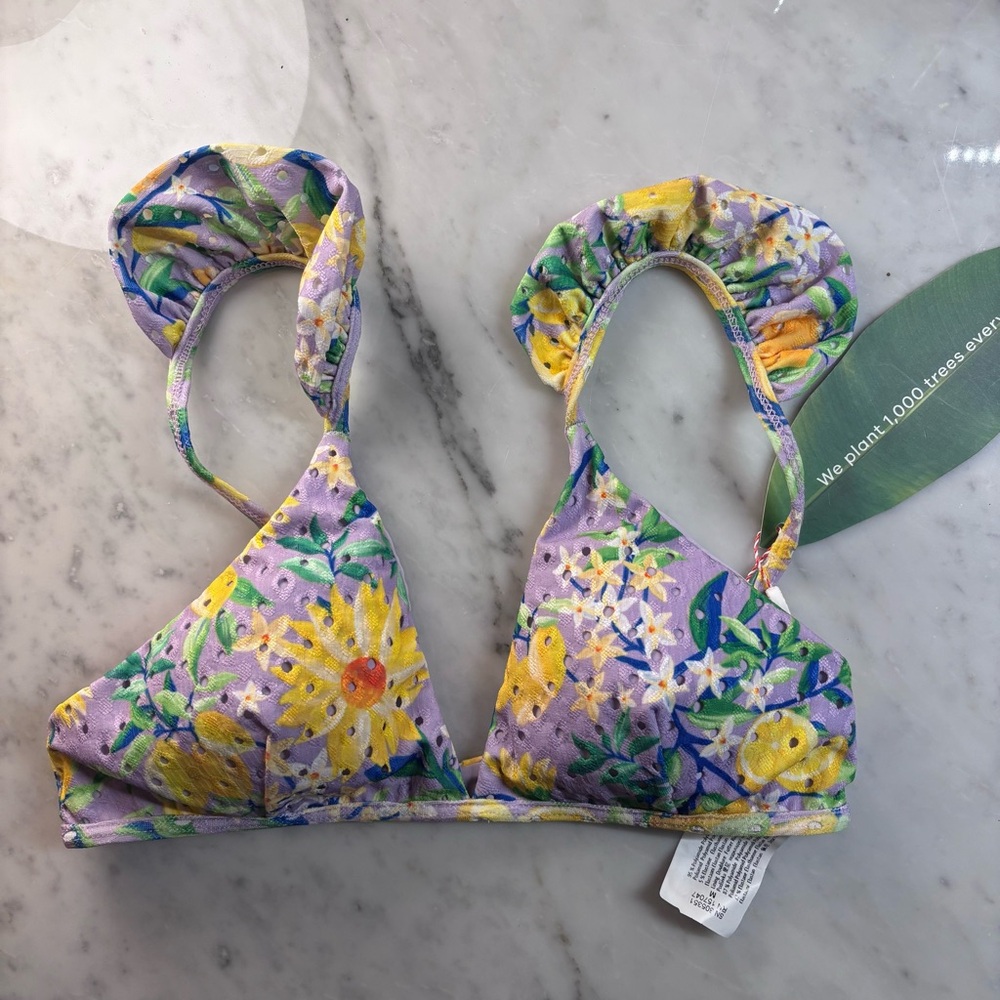 FARM Rio Lemon Dream Triangle Bikini Top M Lavender Floral NWT